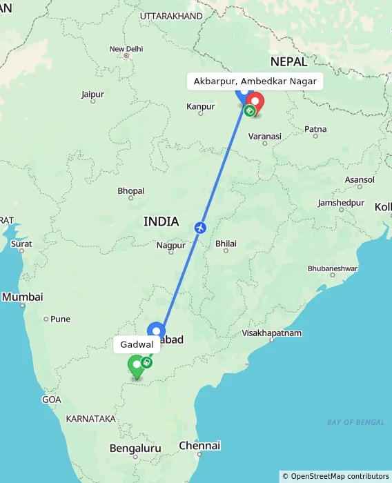 Route map showing distance and travel time from Gadwal, India to Akbarpur, Ambedkar Nagar, India