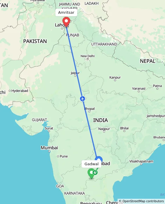 Route map showing distance and travel time from Gadwal, India to Amritsar, India
