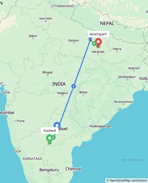 Route map showing distance and travel time from Gadwal, India to Azamgarh, India