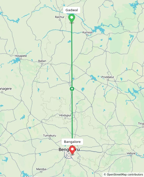 Route map showing distance and travel time from Gadwal, India to Bangalore, India