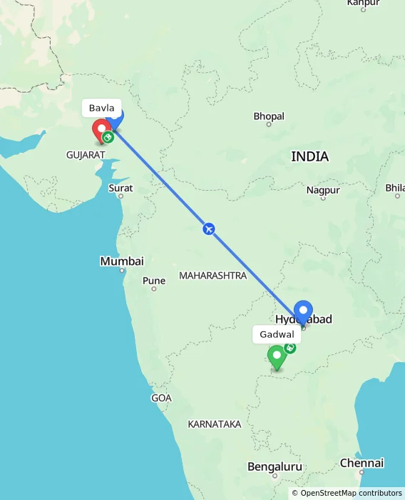 Route map showing distance and travel time from Gadwal, India to Bavla, India