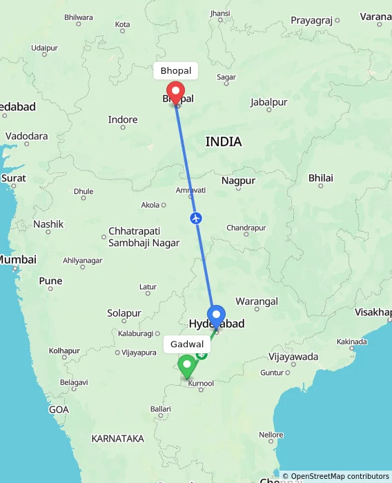 Route map showing distance and travel time from Gadwal, India to Bhopal, India