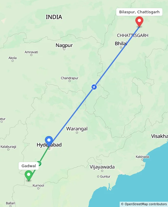 Route map showing distance and travel time from Gadwal, India to Bilaspur, Chattisgarh, India