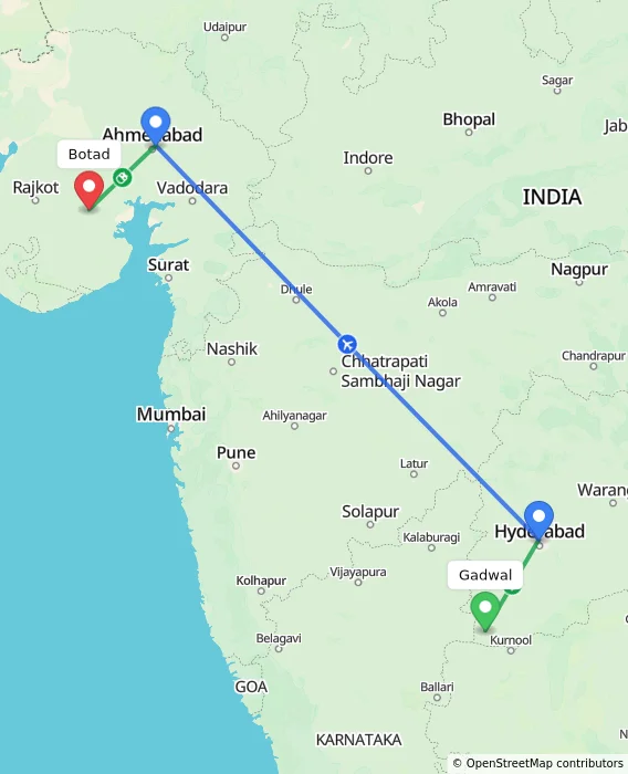 Route map showing distance and travel time from Gadwal, India to Botad, India