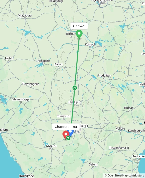 Route map showing distance and travel time from Gadwal, India to Channapatna, India