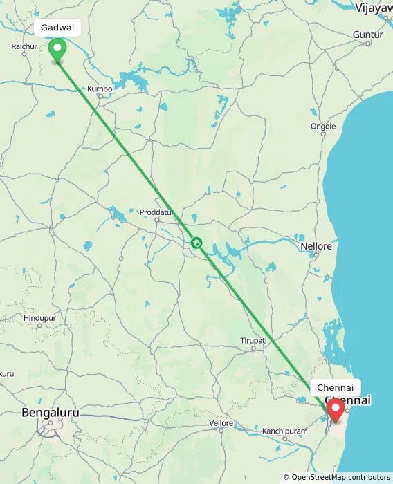 Route map showing distance and travel time from Gadwal, India to Chennai, India