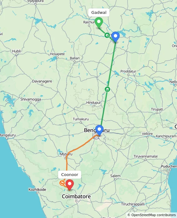 Route map showing distance and travel time from Gadwal, India to Coonoor, India