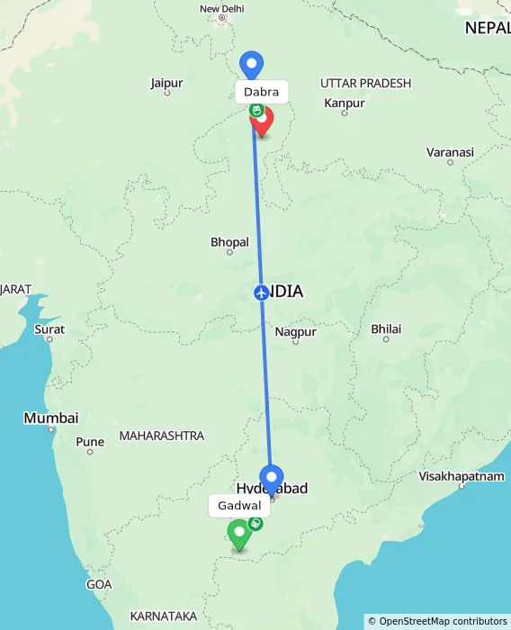 Route map showing distance and travel time from Gadwal, India to Dabra, India