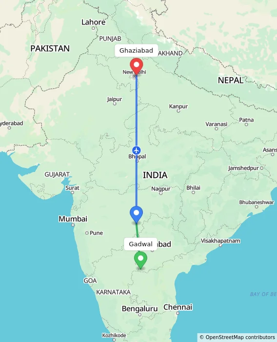 Route map showing distance and travel time from Gadwal, India to Ghaziabad, India