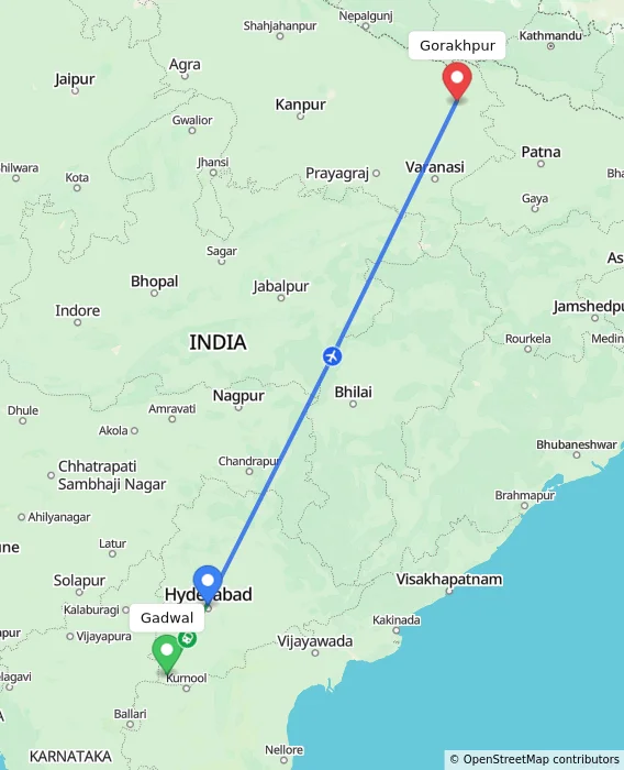 Route map showing distance and travel time from Gadwal, India to Gorakhpur, India