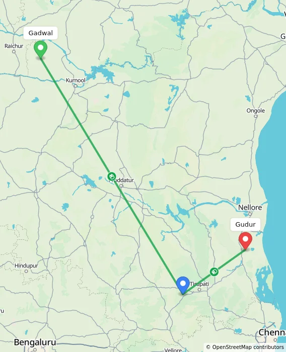Route map showing distance and travel time from Gadwal, India to Gudur, India