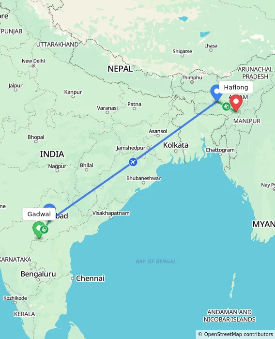 Route map showing distance and travel time from Gadwal, India to Haflong, India