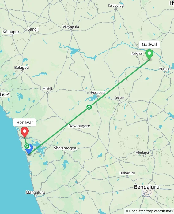 Route map showing distance and travel time from Gadwal, India to Honavar, India