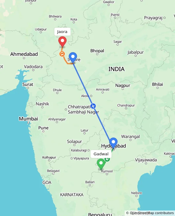 Route map showing distance and travel time from Gadwal, India to Jaora, India