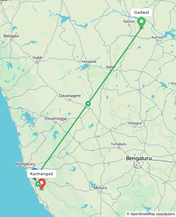 Route map showing distance and travel time from Gadwal, India to Kanhangad, India