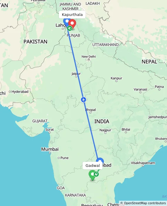 Route map showing distance and travel time from Gadwal, India to Kapurthala, India