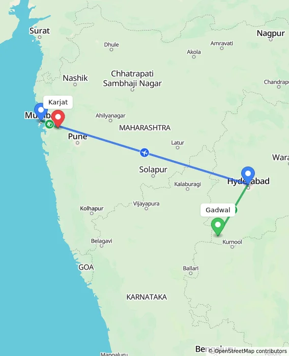 Route map showing distance and travel time from Gadwal, India to Karjat, India