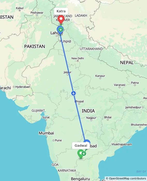 Route map showing distance and travel time from Gadwal, India to Katra, India