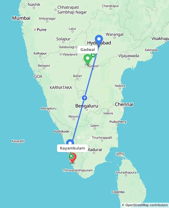 Route map showing distance and travel time from Gadwal, India to Kayamkulam, India