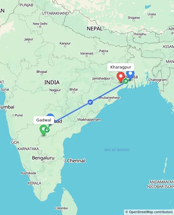 Route map showing distance and travel time from Gadwal, India to Kharagpur, India