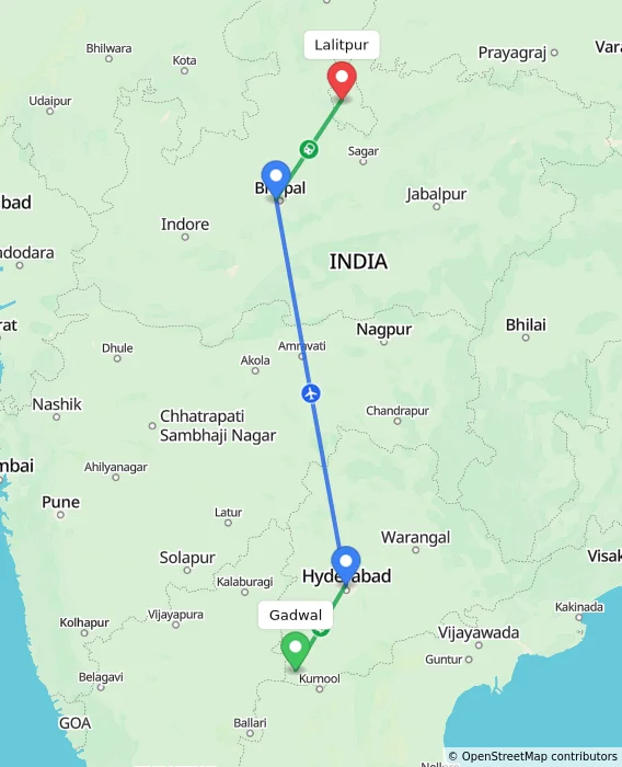 Route map showing distance and travel time from Gadwal, India to Lalitpur, India
