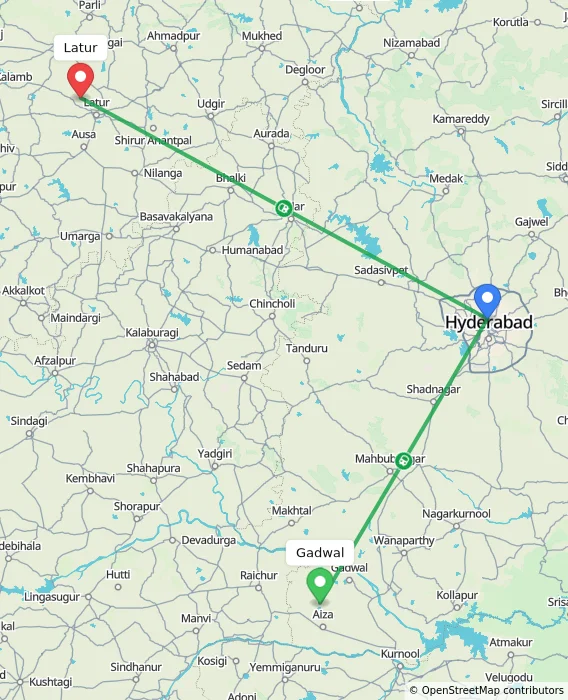 Route map showing distance and travel time from Gadwal, India to Latur, India