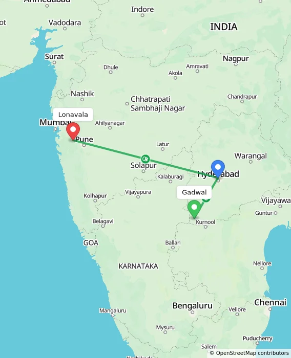 Route map showing distance and travel time from Gadwal, India to Lonavala, India