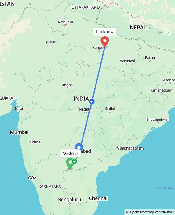 Route map showing distance and travel time from Gadwal, India to Lucknow, India