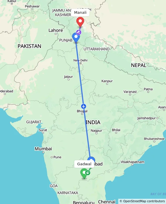 Route map showing distance and travel time from Gadwal, India to Manali, India