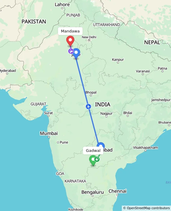 Route map showing distance and travel time from Gadwal, India to Mandawa, India