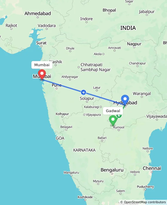 Route map showing distance and travel time from Gadwal, India to Mumbai, India