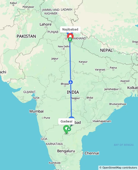 Route map showing distance and travel time from Gadwal, India to Najibabad, India