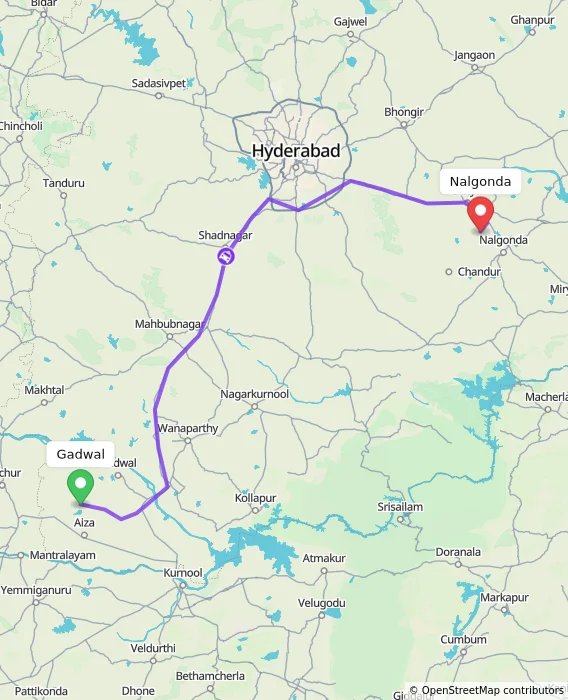 Route map showing distance and travel time from Gadwal, India to Nalgonda, India