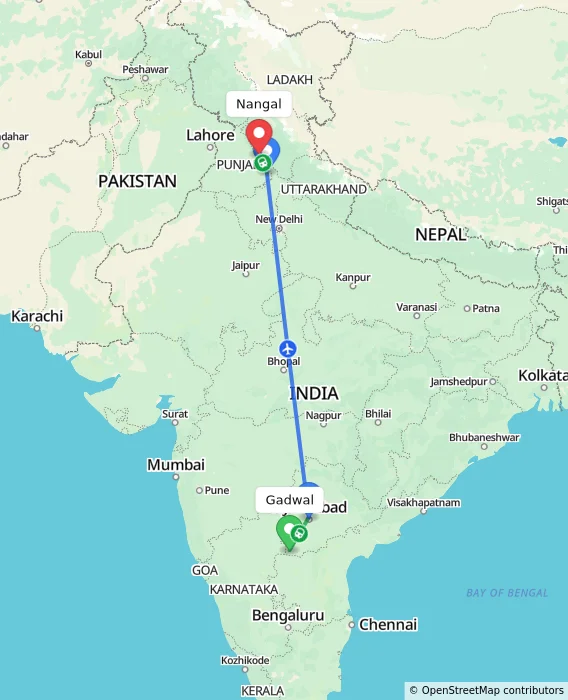Route map showing distance and travel time from Gadwal, India to Nangal, India