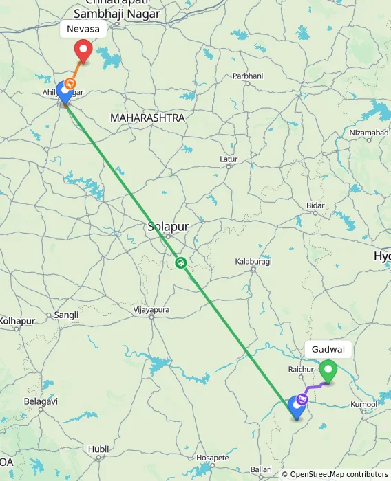 Route map showing distance and travel time from Gadwal, India to Nevasa, India