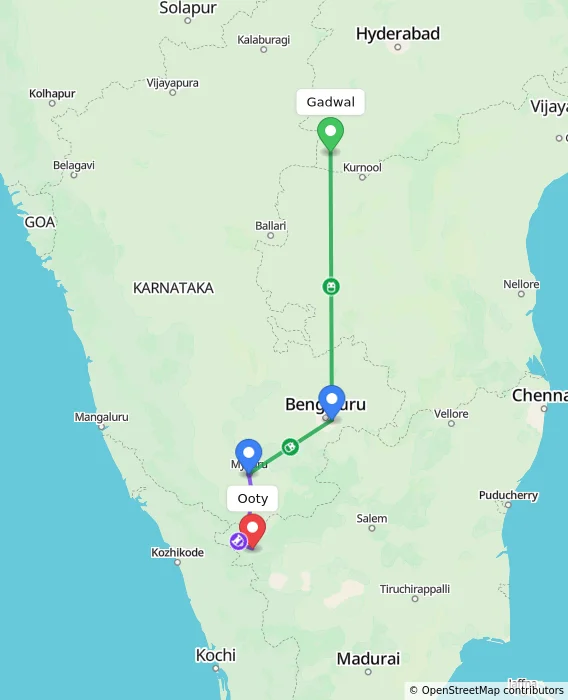 Route map showing distance and travel time from Gadwal, India to Ooty, India
