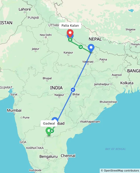 Route map showing distance and travel time from Gadwal, India to Palia Kalan, India