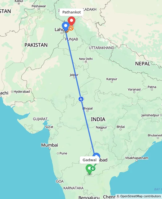 Route map showing distance and travel time from Gadwal, India to Pathankot, India