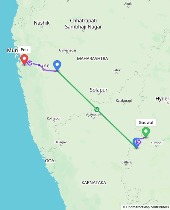 Route map showing distance and travel time from Gadwal, India to Pen, India