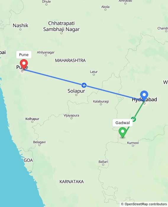 Route map showing distance and travel time from Gadwal, India to Pune, India