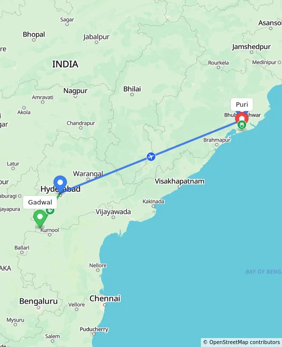 Route map showing distance and travel time from Gadwal, India to Puri, India