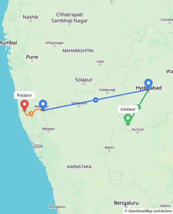 Route map showing distance and travel time from Gadwal, India to Rajapur, India