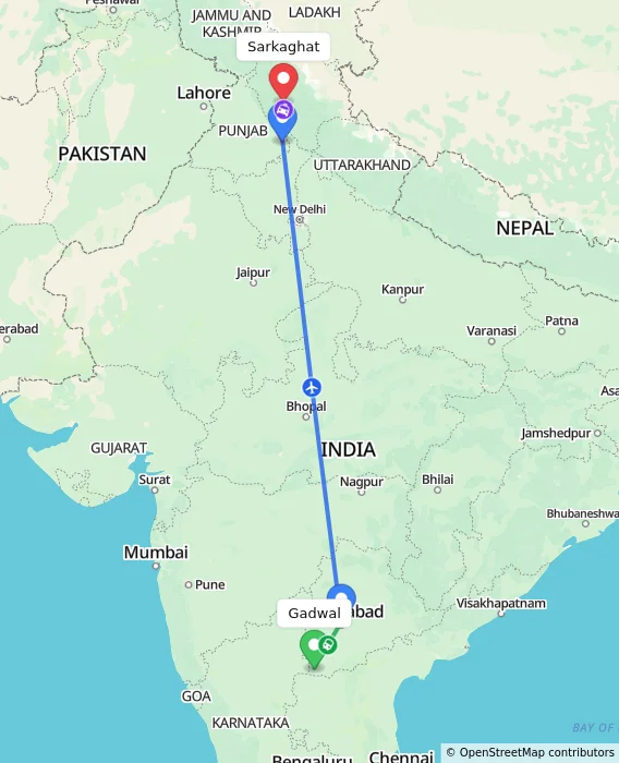Route map showing distance and travel time from Gadwal, India to Sarkaghat, India
