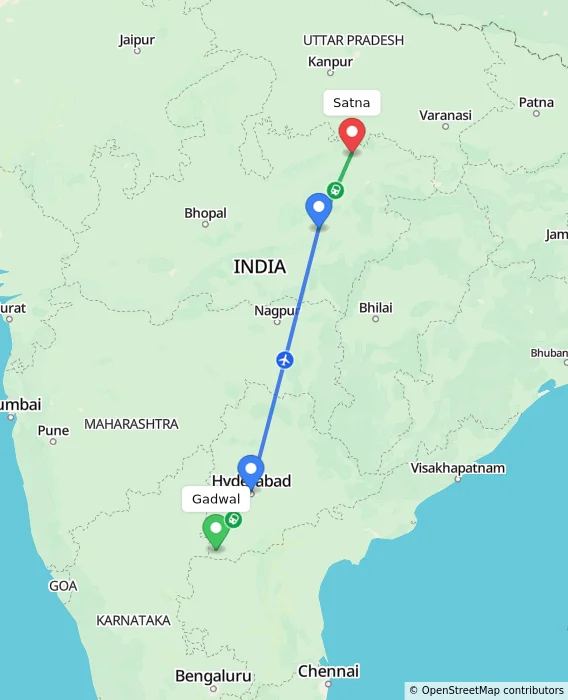Route map showing distance and travel time from Gadwal, India to Satna, India