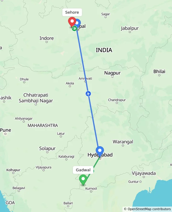 Route map showing distance and travel time from Gadwal, India to Sehore, India