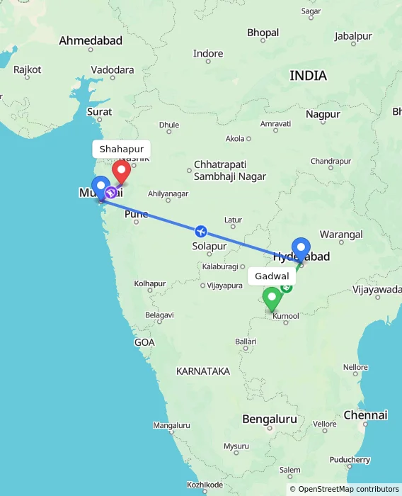 Route map showing distance and travel time from Gadwal, India to Shahapur, India