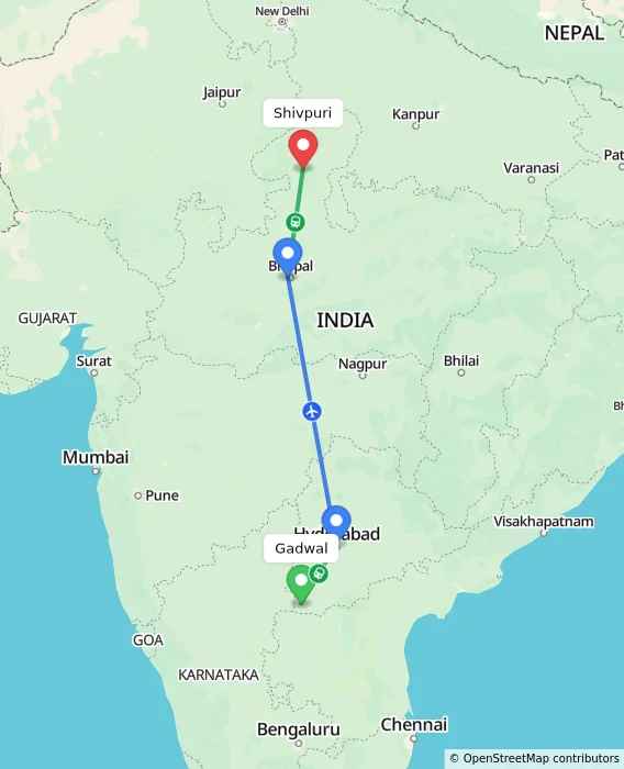 Route map showing distance and travel time from Gadwal, India to Shivpuri, India