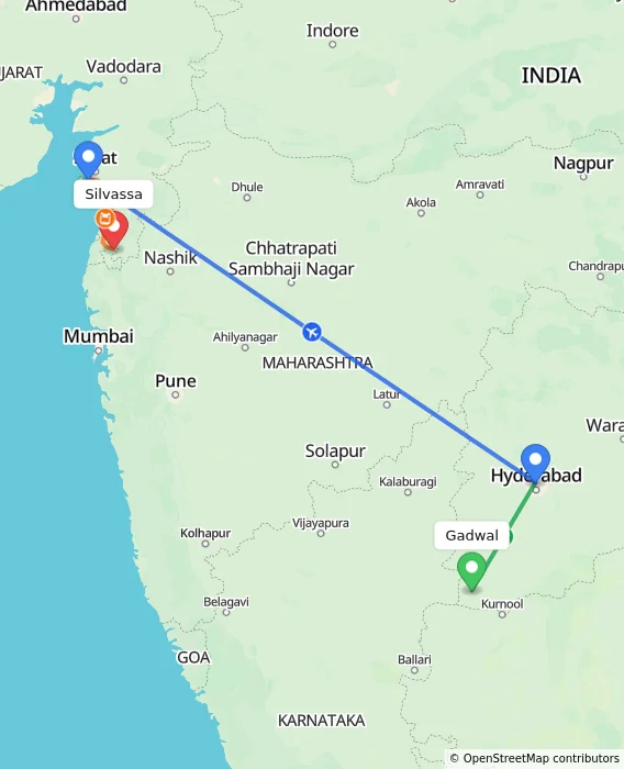 Route map showing distance and travel time from Gadwal, India to Silvassa, India