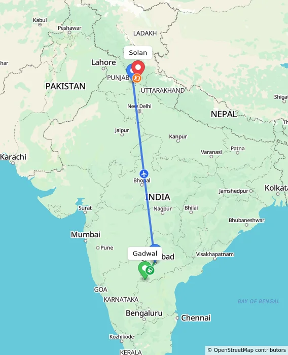 Route map showing distance and travel time from Gadwal, India to Solan, India