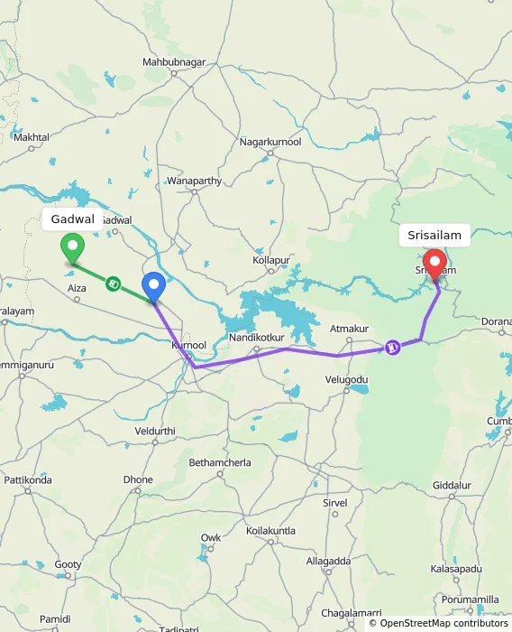 Route map showing distance and travel time from Gadwal, India to Srisailam, India
